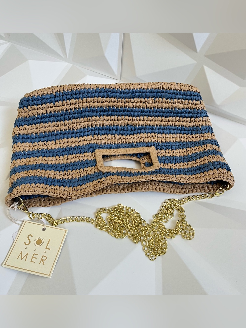 Sol and Mer Striped Blue and Tan Crochet Wristlet Clutch with Gold Chain NWT